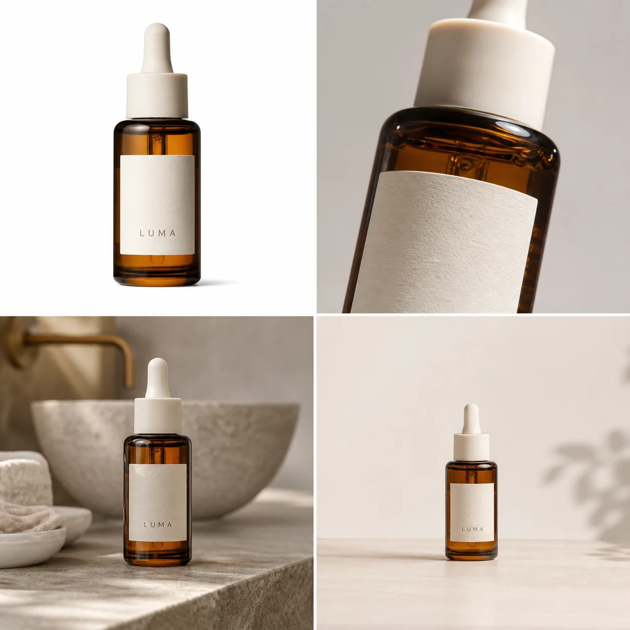 The same Luma serum bottle shown as a white-background main image, material close-up, lifestyle image, and vertical social crop